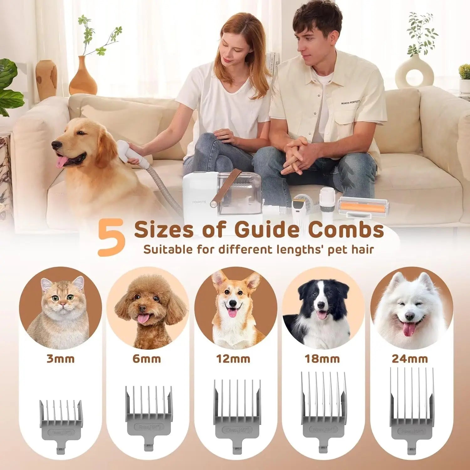 Pet Grooming Vacuum Kit with 7 Tools, Low Noise Electric Clipper and Brush for Home Shedding