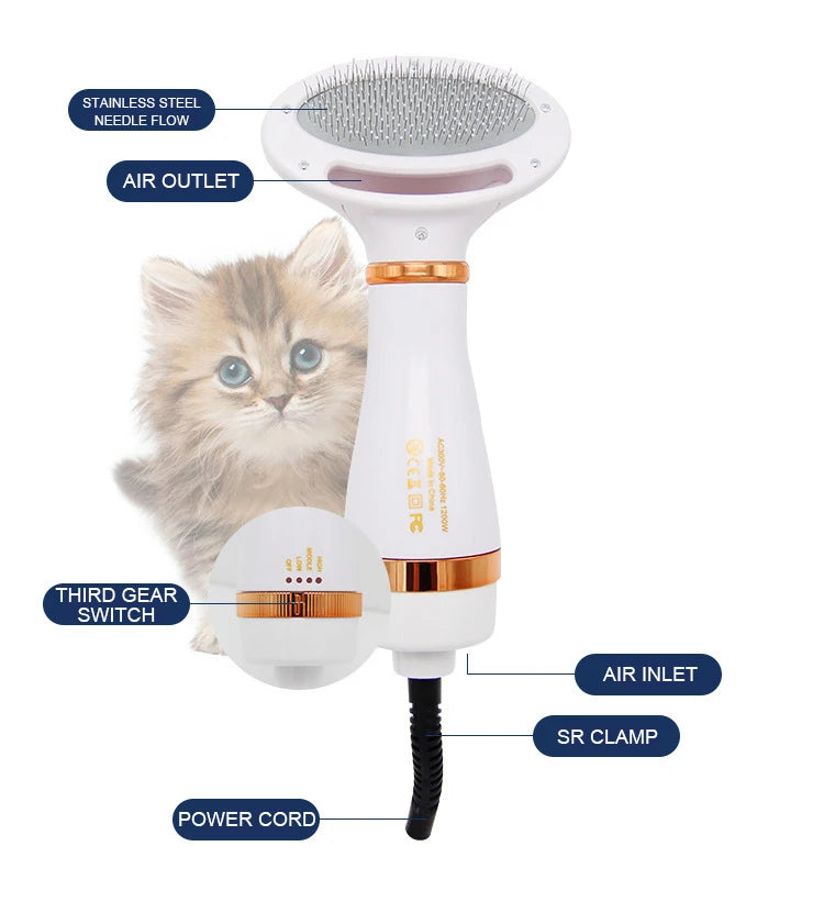 Multi-functional Dog Grooming Hair Comb Dryer 2-In-1 Electric Fur Blower Cleaning Brusher 3 Gears Adjustable Pet Product EU Plug